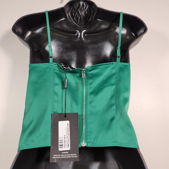 PRETTYLITTLETHING Corset Top Womens 4 Emerald Green Satin Fitted Cutout Hem NEW - Picture 9 of 10
